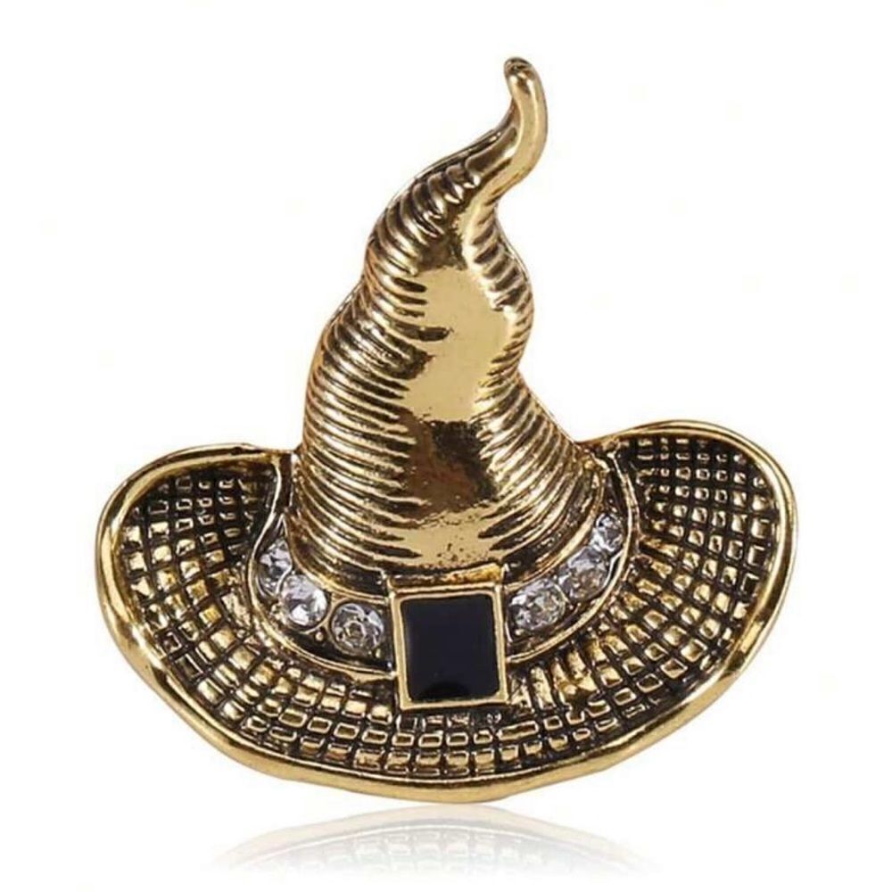 Goth Witches Hat Brooch Gold Tone, Engraved Design, Jewels, And Black stone